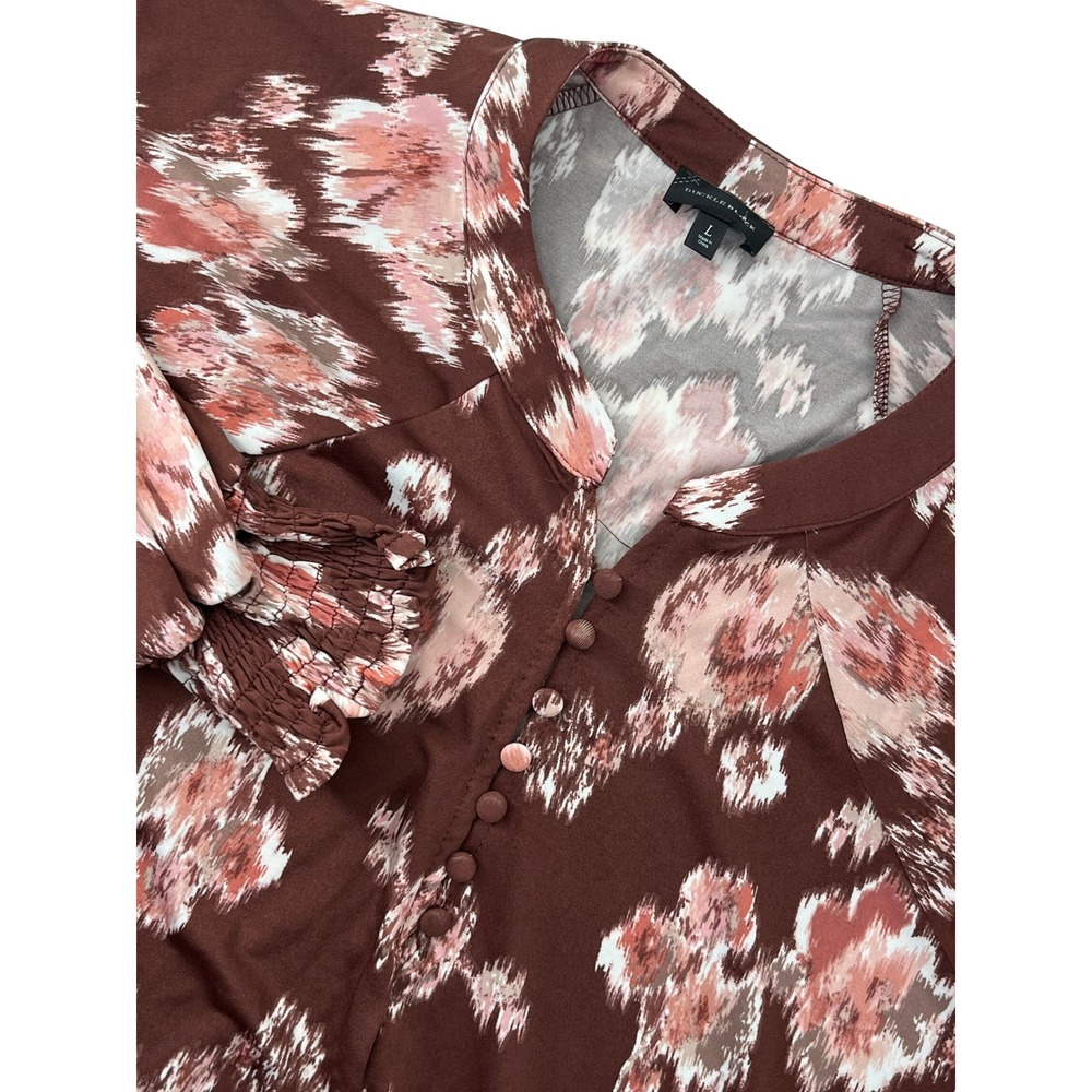 Buckle Black Womens L Brown Pink Ikat Floral Split Neck Button Blouse Large